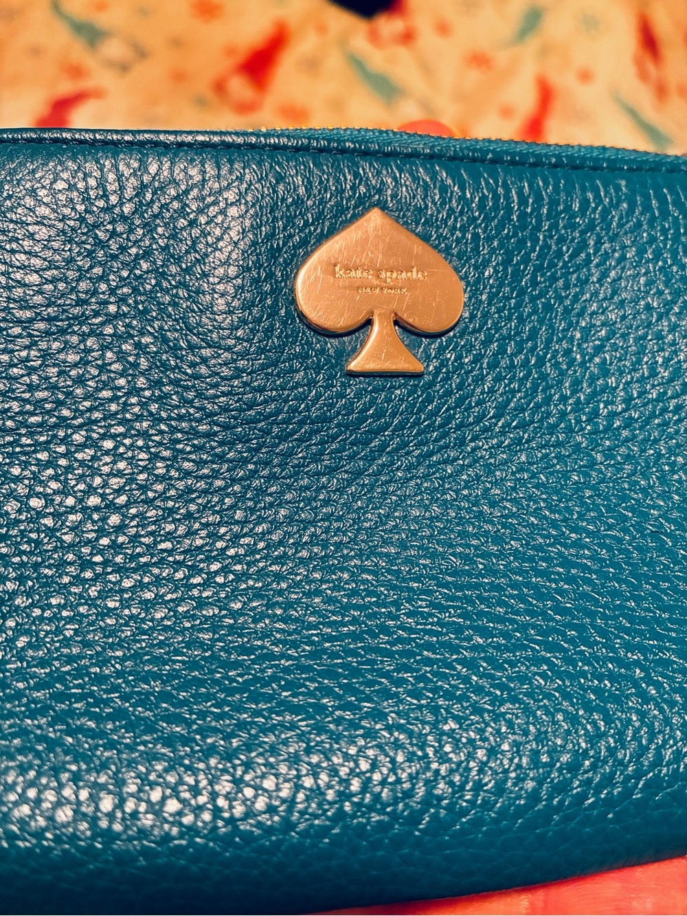 kate spade Teal Pebbled Leather Wristlet with Gold Spade Logo